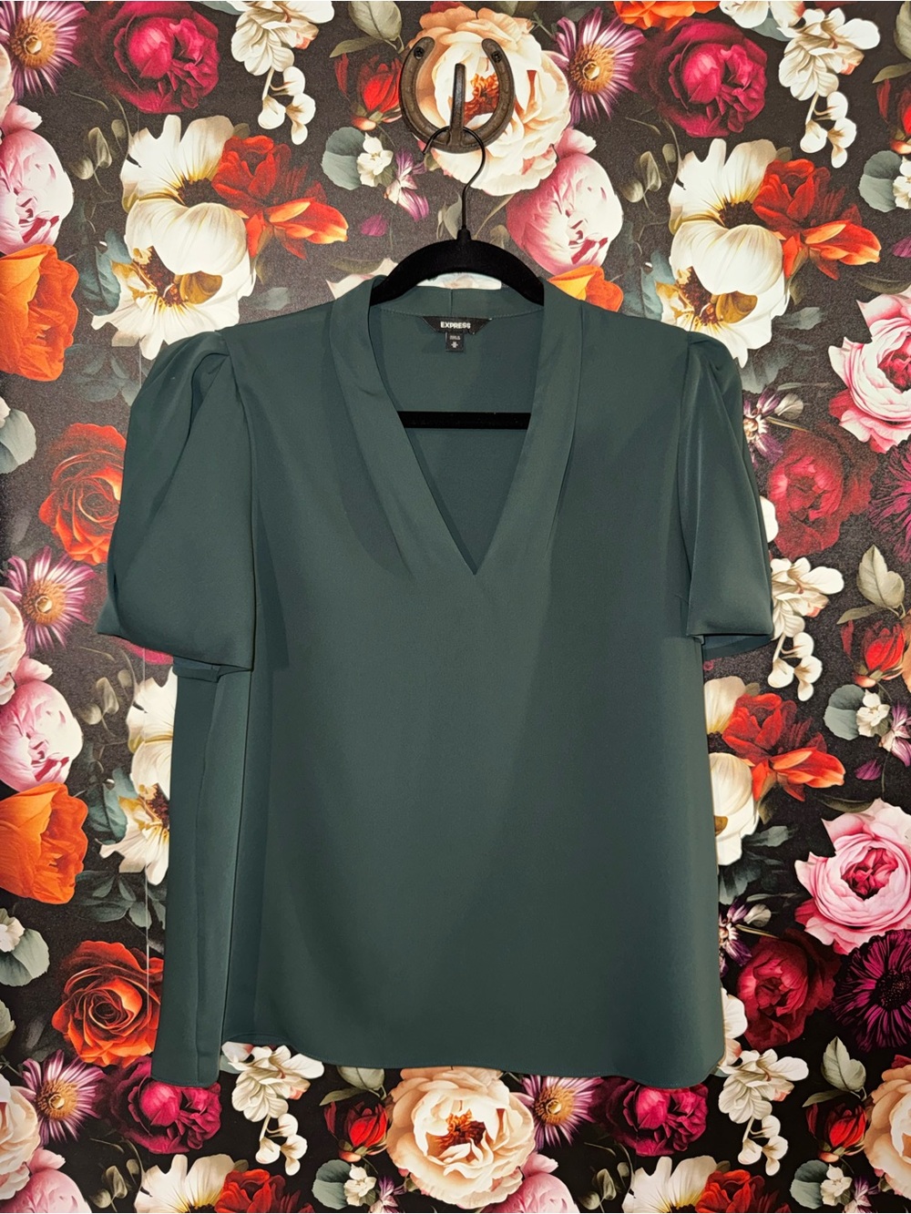 Express Deep Green V-Neck Puff-Sleeve Blouse